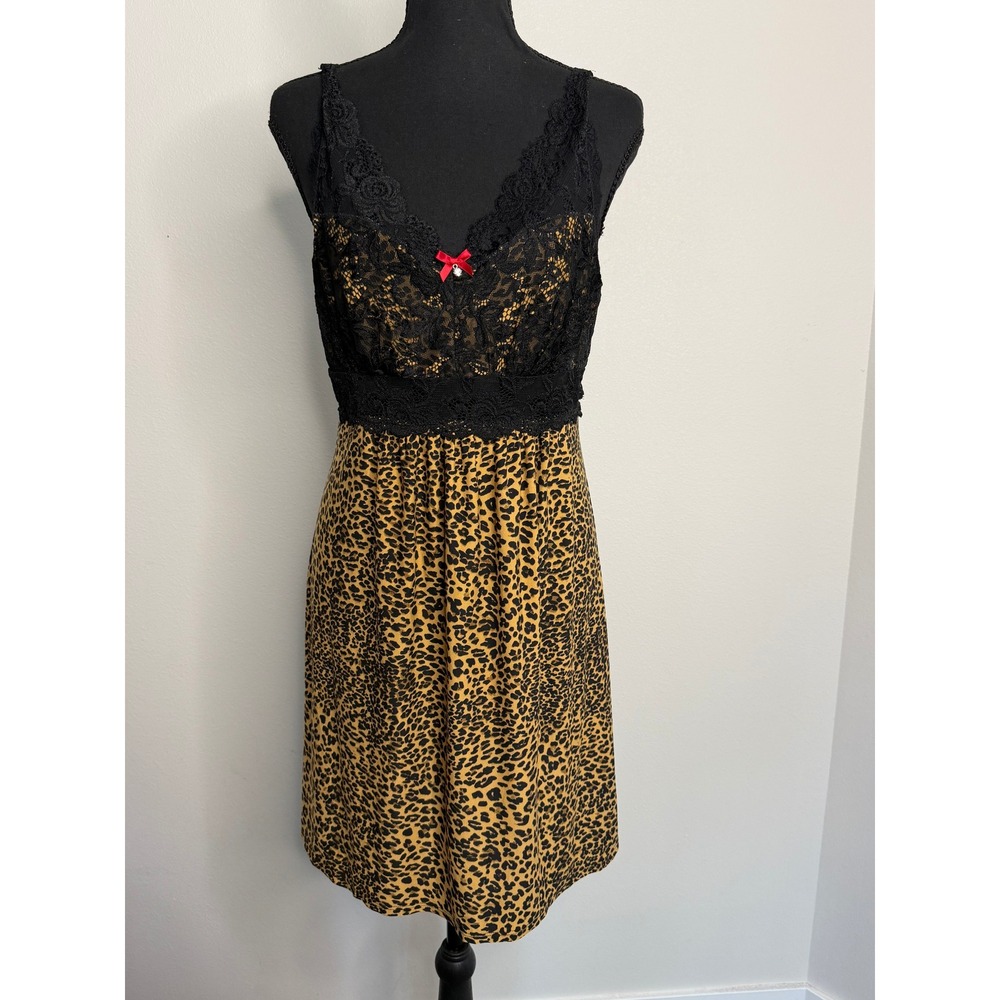 Soma Intimates Leopard Print Lace Bodice Nightgown Chemise Brown Black